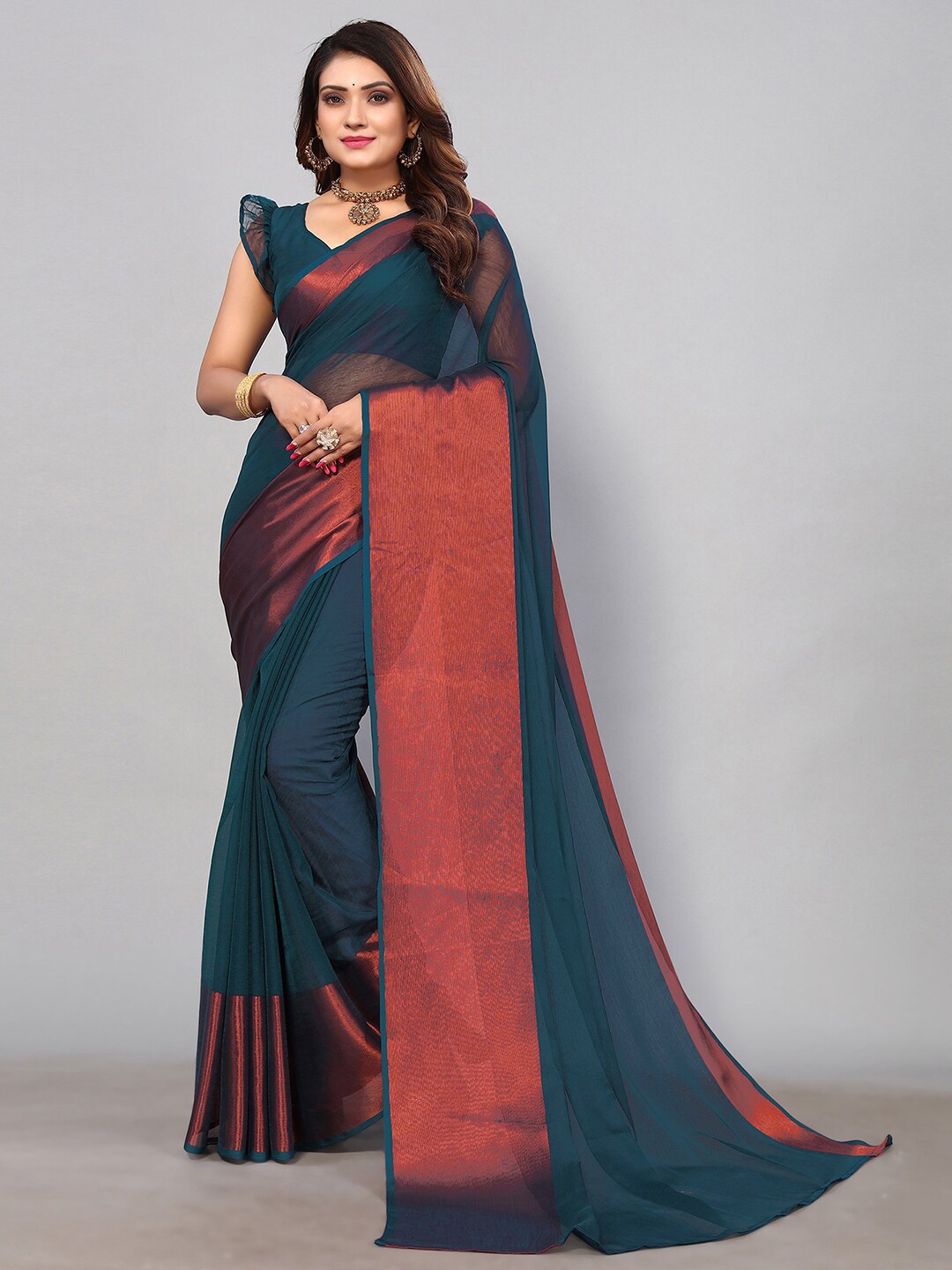 

KALINI Pure Chiffon Saree With Zari Border, Teal