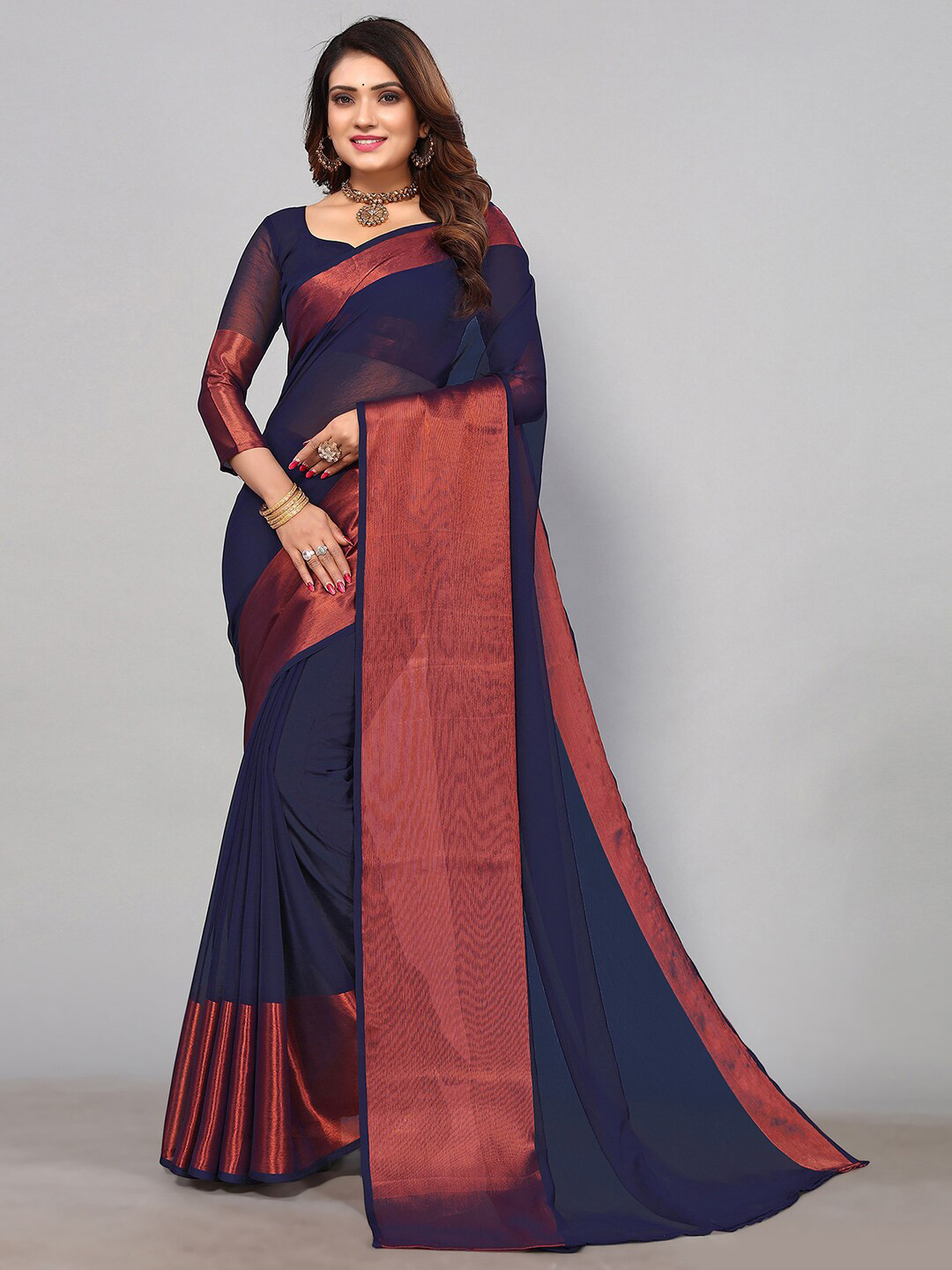 

KALINI Zari Pure Chiffon Saree, Navy blue