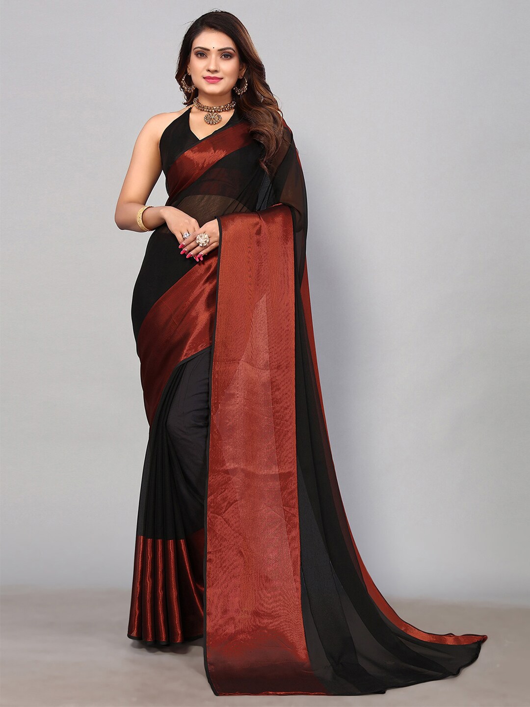 

KALINI Zari Pure Chiffon Saree, Black