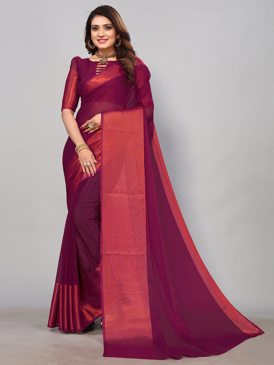 

KALINI Zari Pure Chiffon Saree, Purple