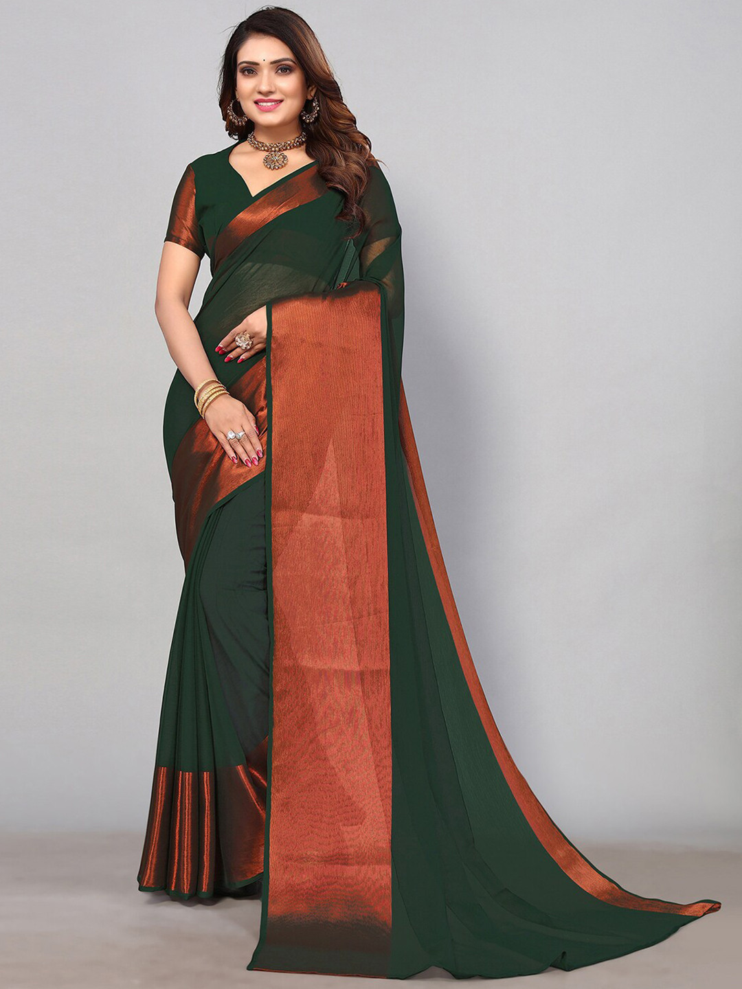 

KALINI Zari Pure Chiffon Saree, Green