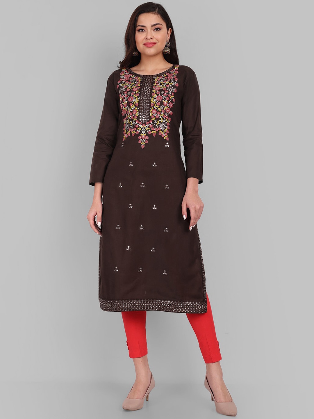 

Pakiza Women Floral Embroidered Mirror Work Pure Cotton Kurta, Brown