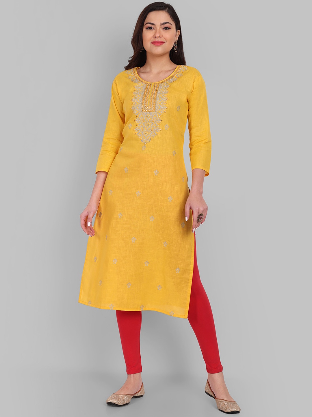 

Pakiza Women Ethnic Motifs Embroidered Mirror Work Pure Cotton Kurta, Yellow