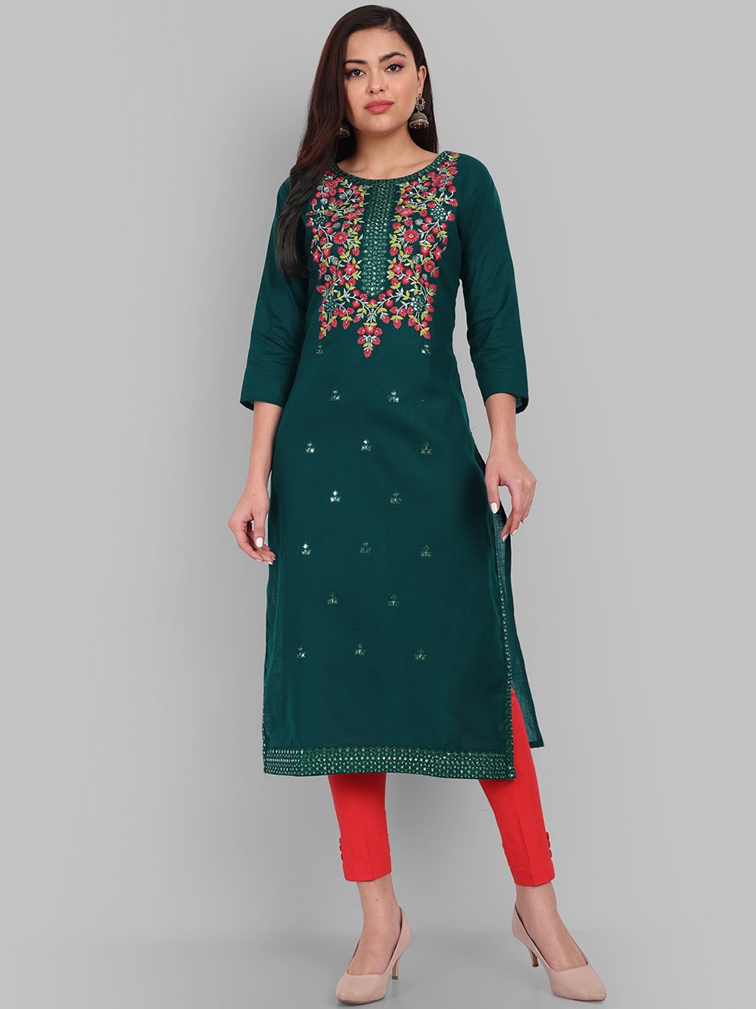 

Pakiza Women Floral Embroidered Mirror Work Pure Cotton Kurta, Green