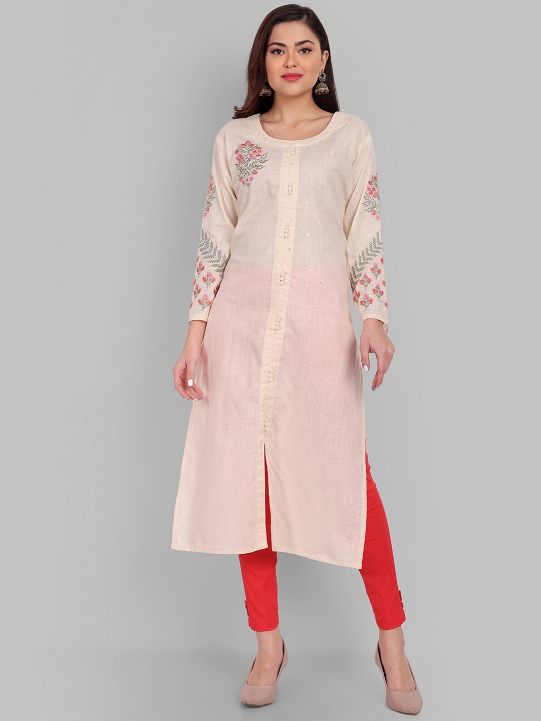 

Pakiza Floral Embroidered Mirror Work Pure Cotton Straight Kurta, Cream