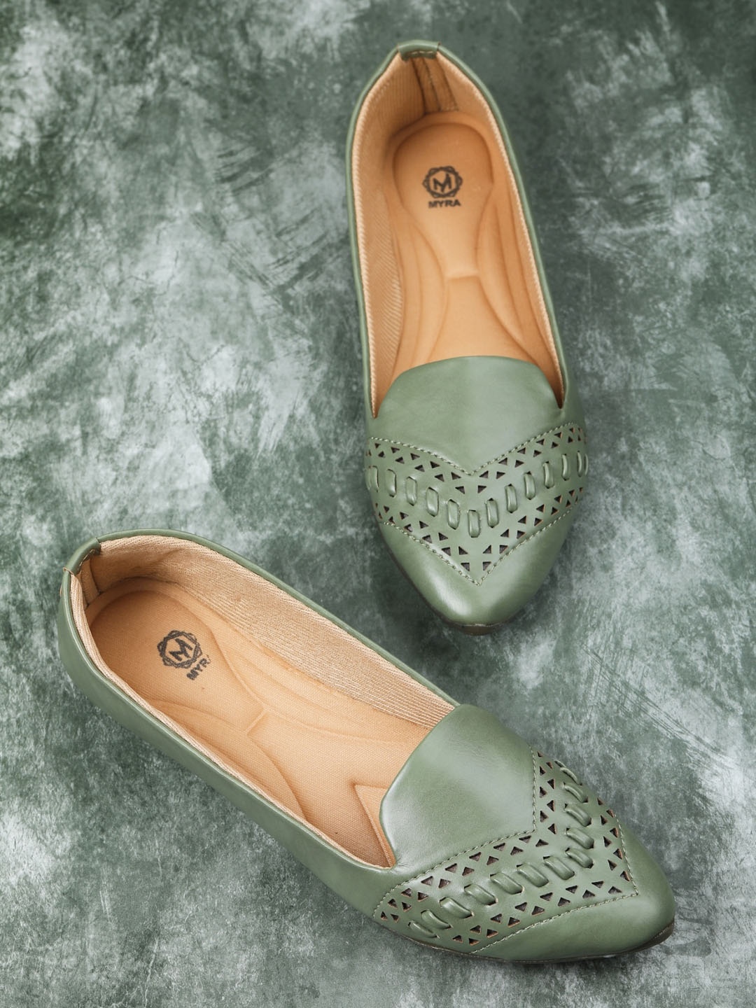 

Myra Women Pointed Toe Woven Design Ballerinas With Laser Cuts, Green