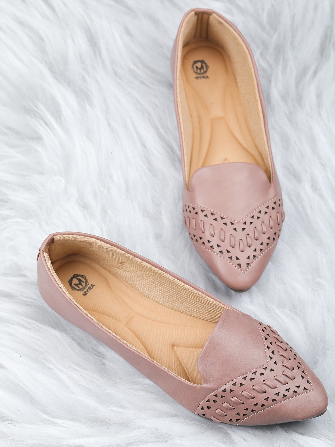 

Myra Women Pointed Toe Woven Design Ballerinas With Laser Cuts, Pink