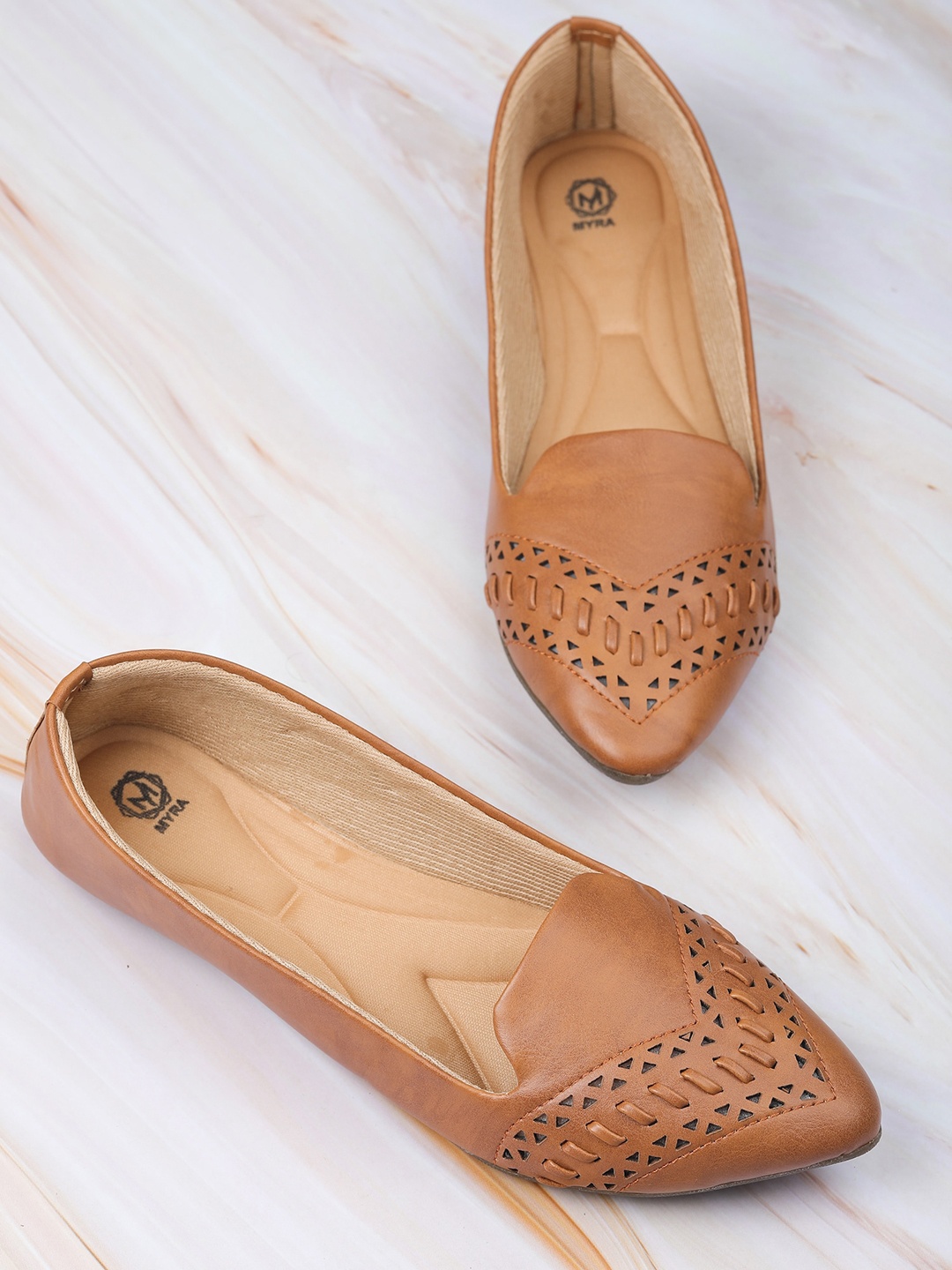 

Myra Women Pointed Toe Woven Design Ballerinas With Laser Cuts, Brown