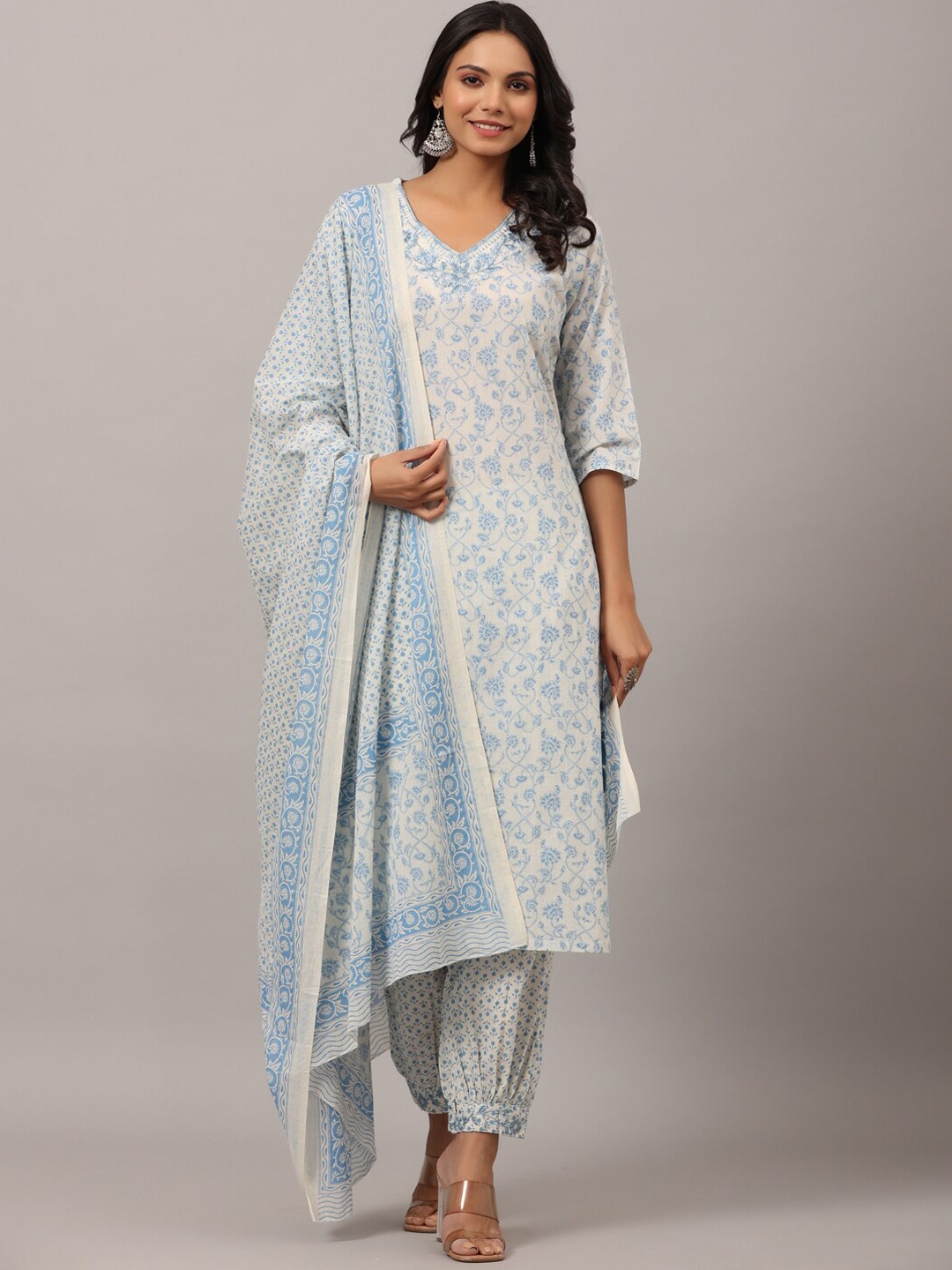 

Amchoor Floral Printed Thread Work Pure Cotton Kurta with Salwar & Dupatta, White