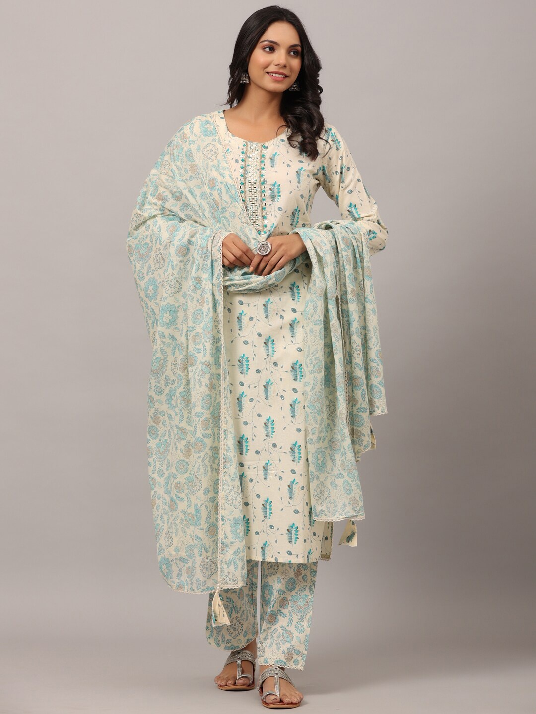 

Amchoor Floral Printed Pure Cotton Mirror Work Kurta with Trousers & Dupatta, Cream