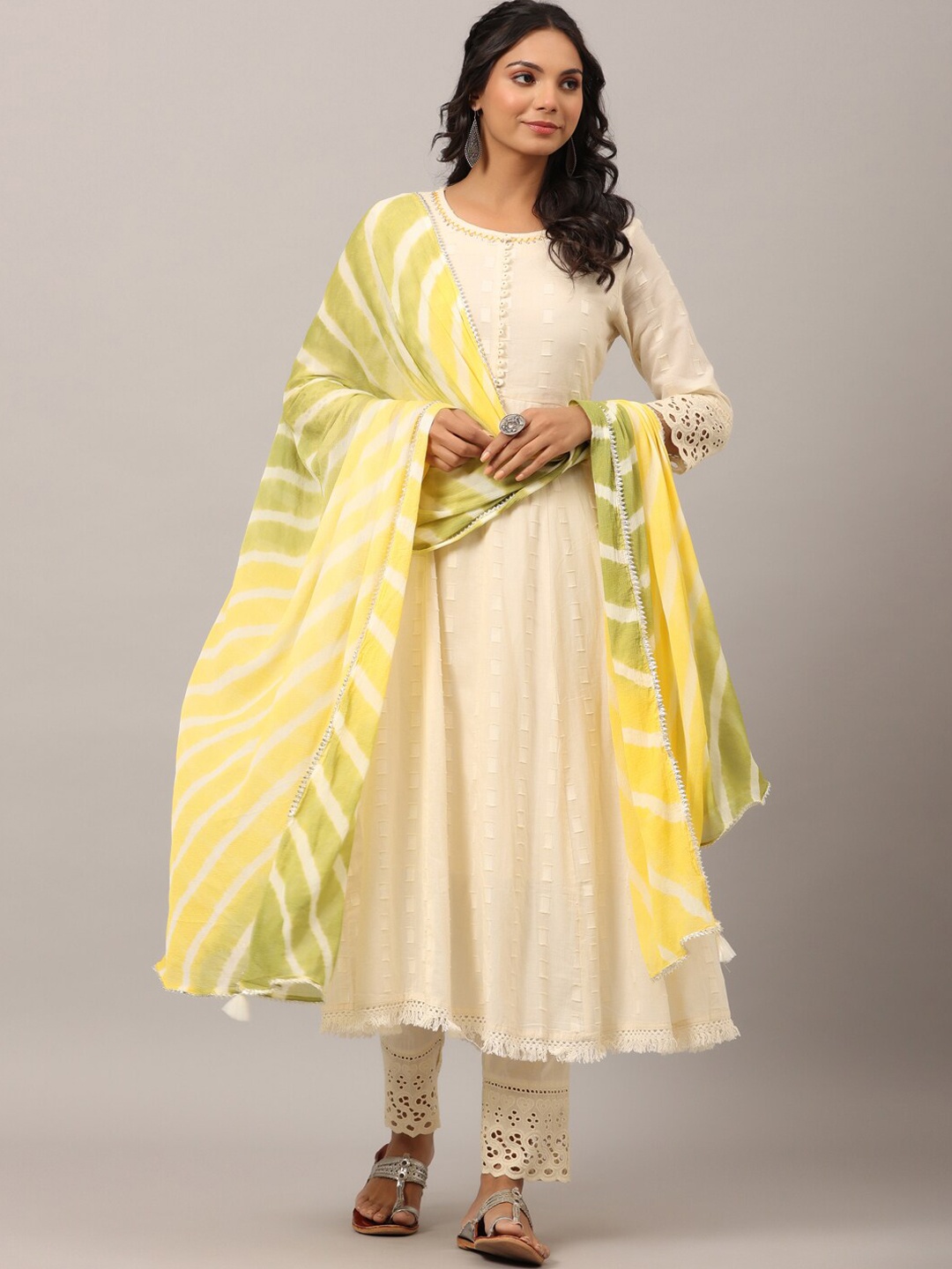 

Amchoor Woven Design Anarkali Pure Cotton Kurta with Trousers & Dupatta, Cream