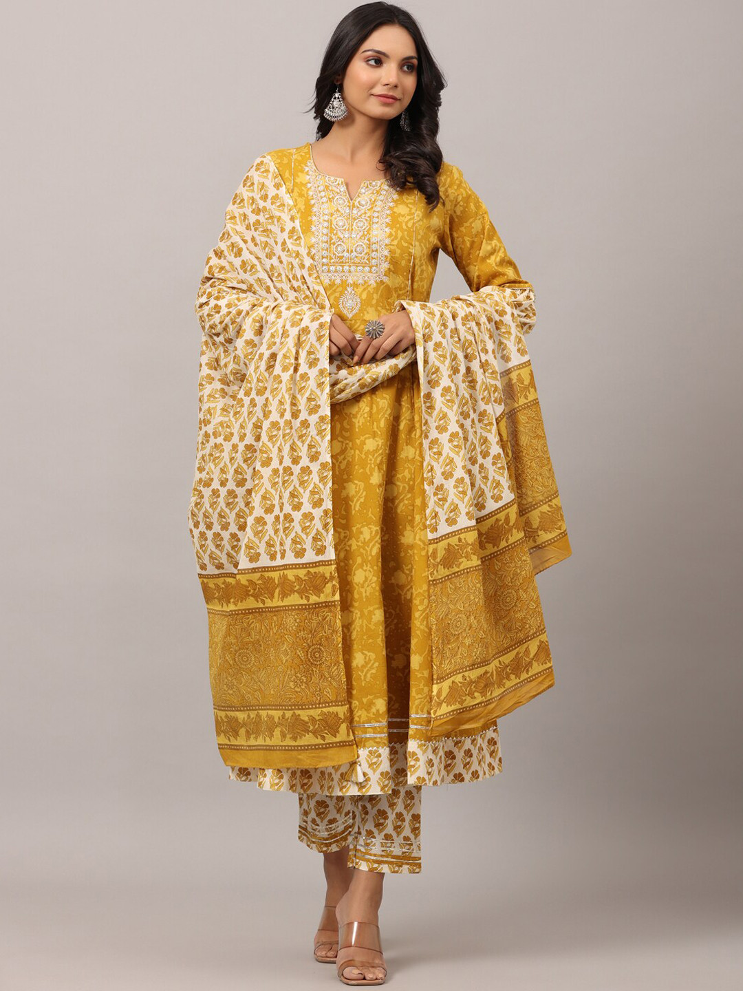 

Amchoor Abstract Printed Zari Anarkali Pure Cotton Kurta with Trousers & Dupatta, Mustard