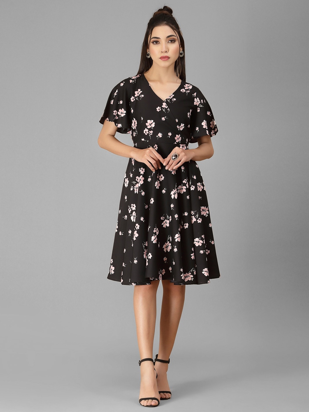 

Selvia Floral Printed Flared Sleeve Fit & Flare Dress, Black