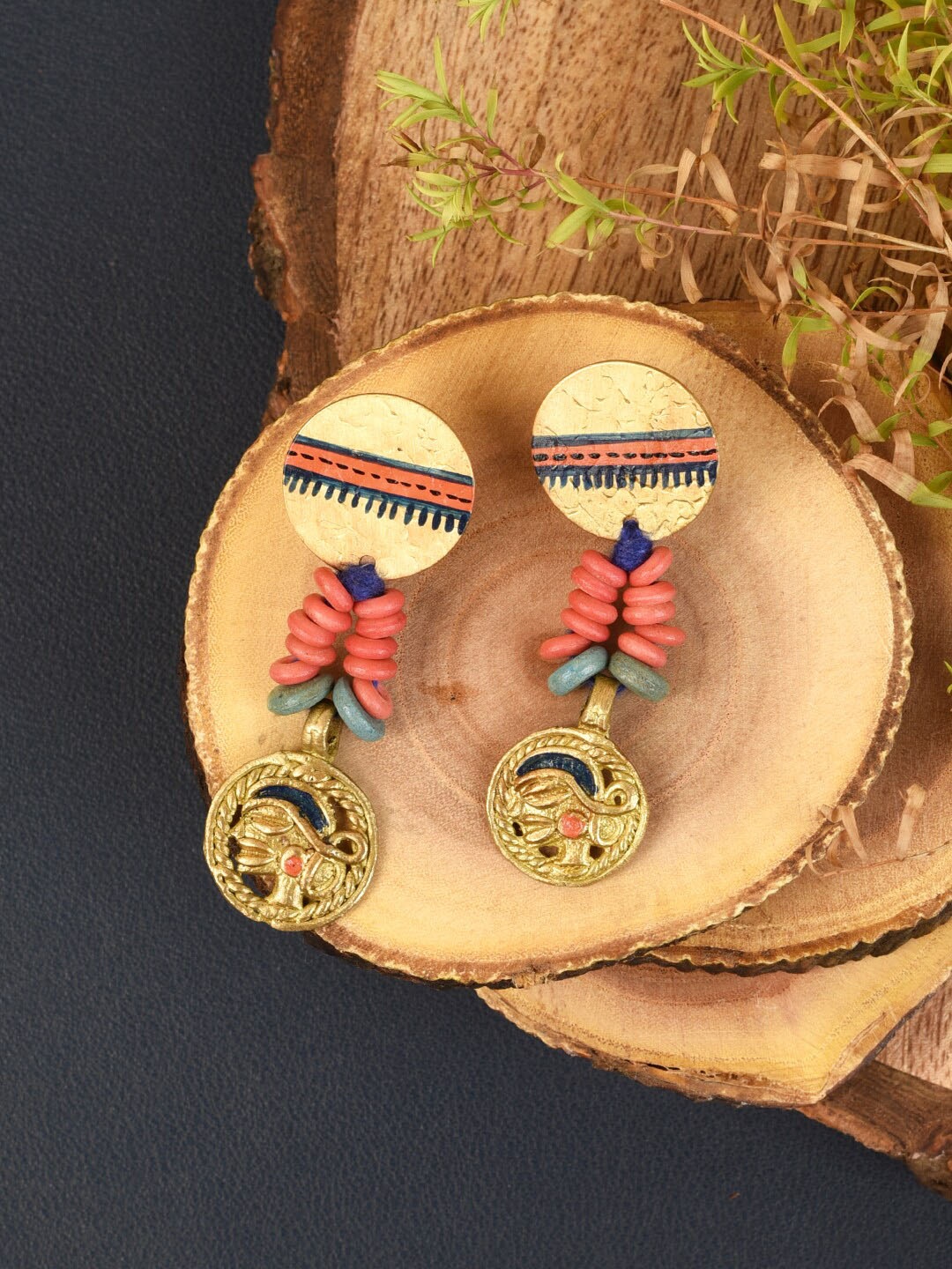 

AAKRITI ART CREATIONS Handcrafted Tribal Drop Earrings, Peach