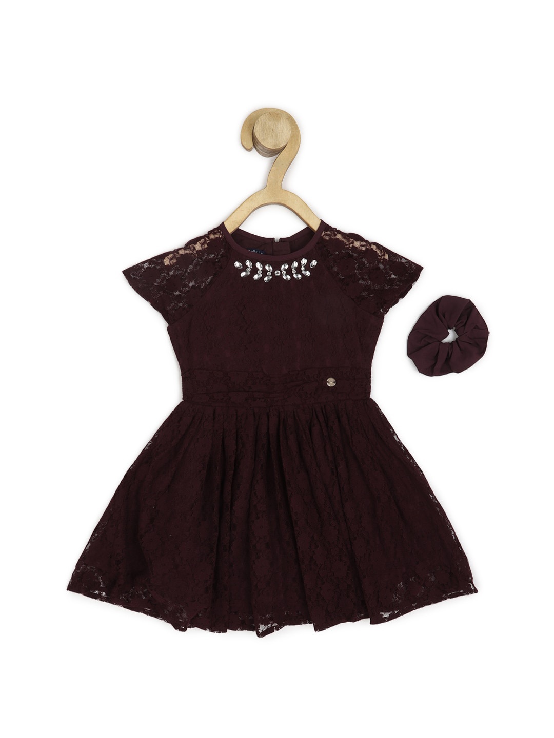 

Allen Solly Junior Girls Self Design Embellished Lace Fit & Flare Dress With Scrunchie, Maroon