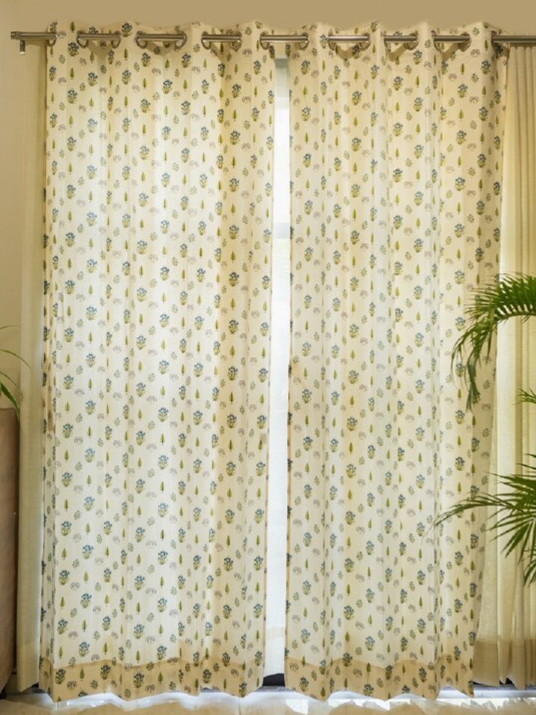 

URBAN SPACE Cream-Coloured & Blue 2-Pieces Floral Cotton Long Door Curtains