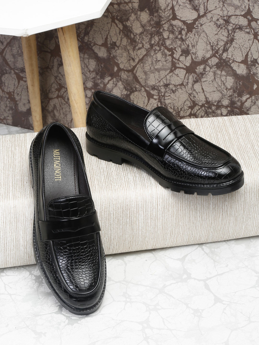 MUTAQINOTI Men Textured Vegan Leather Formal Loafers, Black