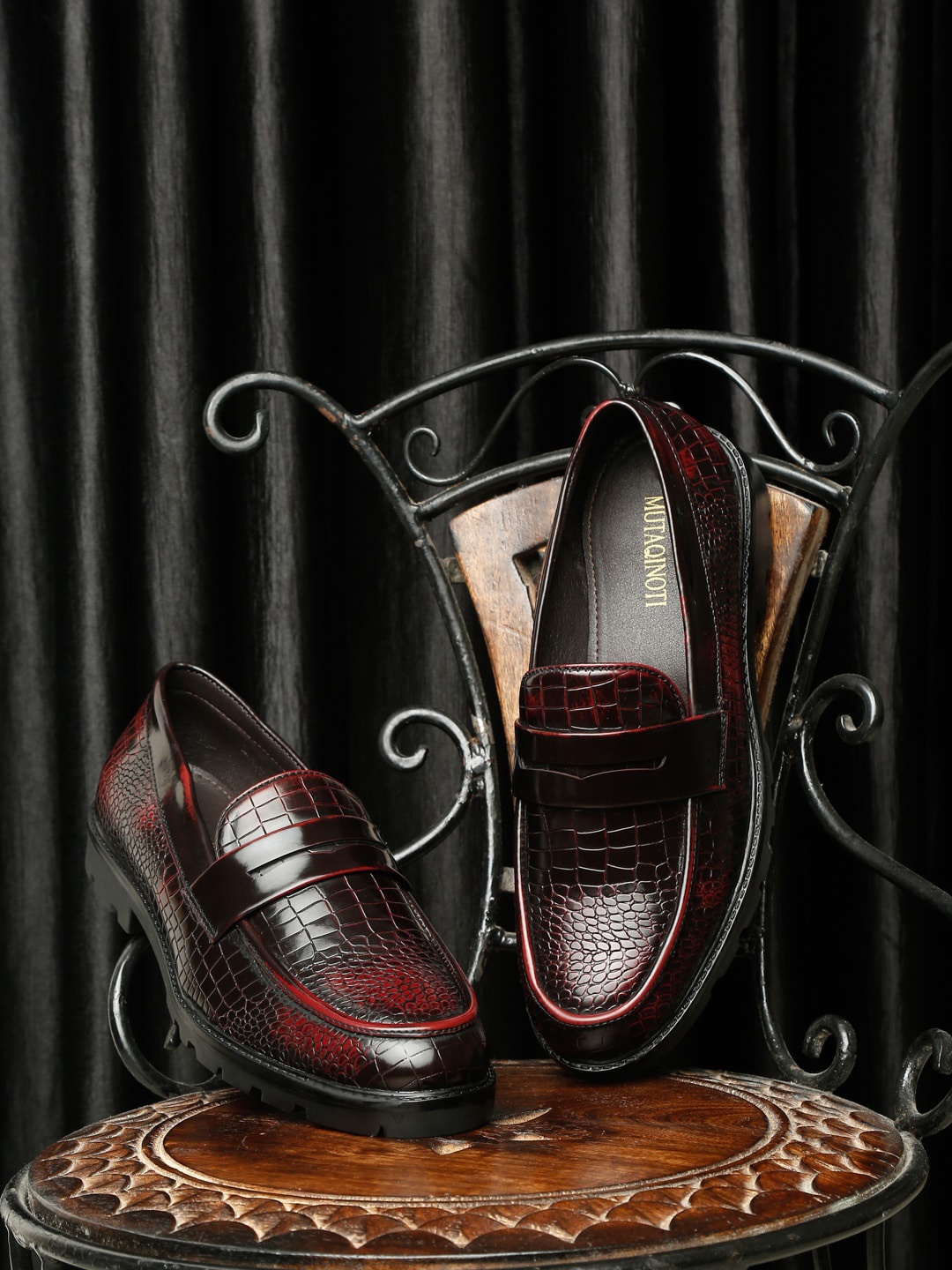 

MUTAQINOTI Men Textured Vegan Leather Formal Loafers, Maroon