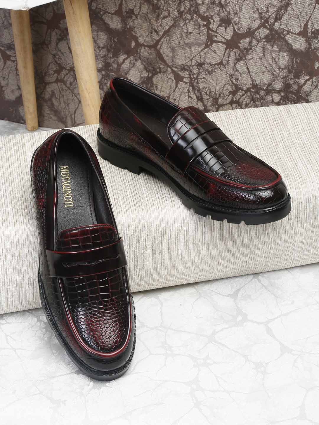 

MUTAQINOTI Men Textured Vegan Leather Formal Loafers, Maroon
