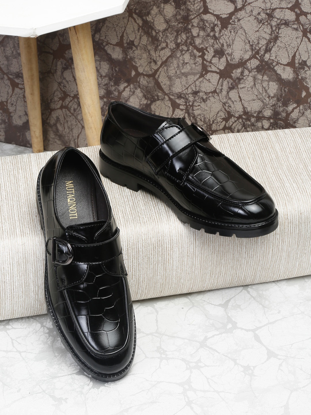 

MUTAQINOTI Men Textured Vegan Leather Formal Loafers With Buckle Detail, Black
