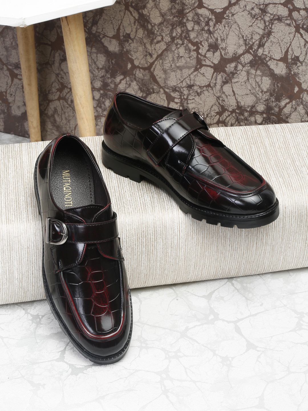 

MUTAQINOTI Men Textured Vegan Leather Formal Loafers With Buckle Detail, Maroon