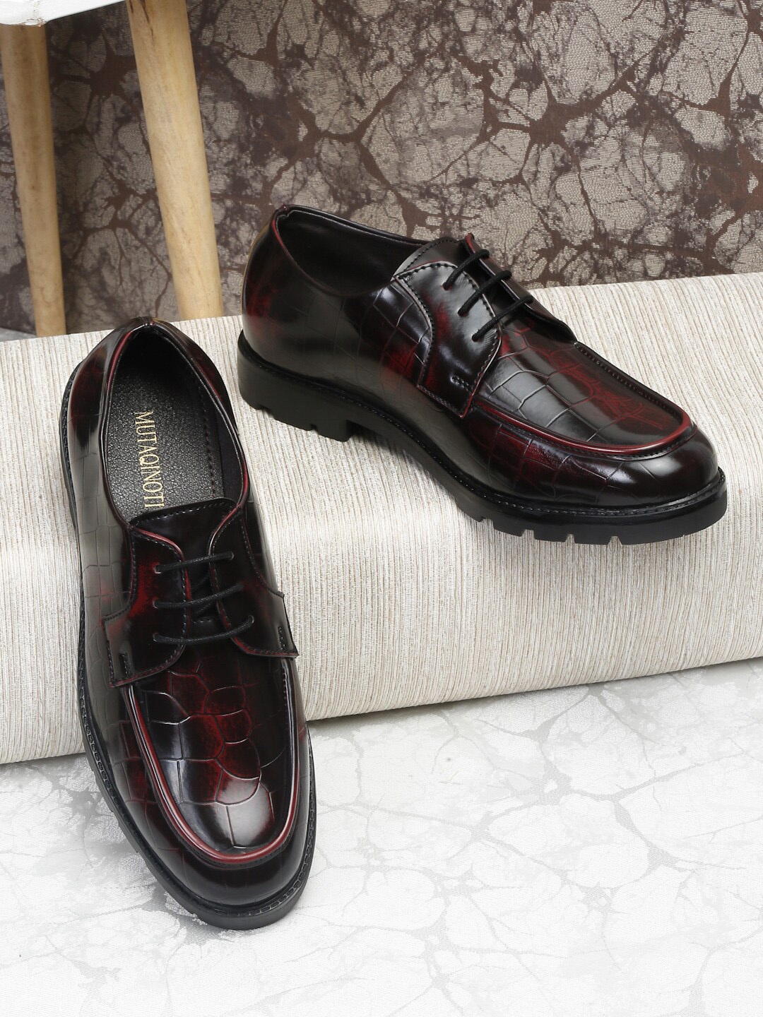 

MUTAQINOTI Men Textured Vegan Leather Formal Derbys, Maroon
