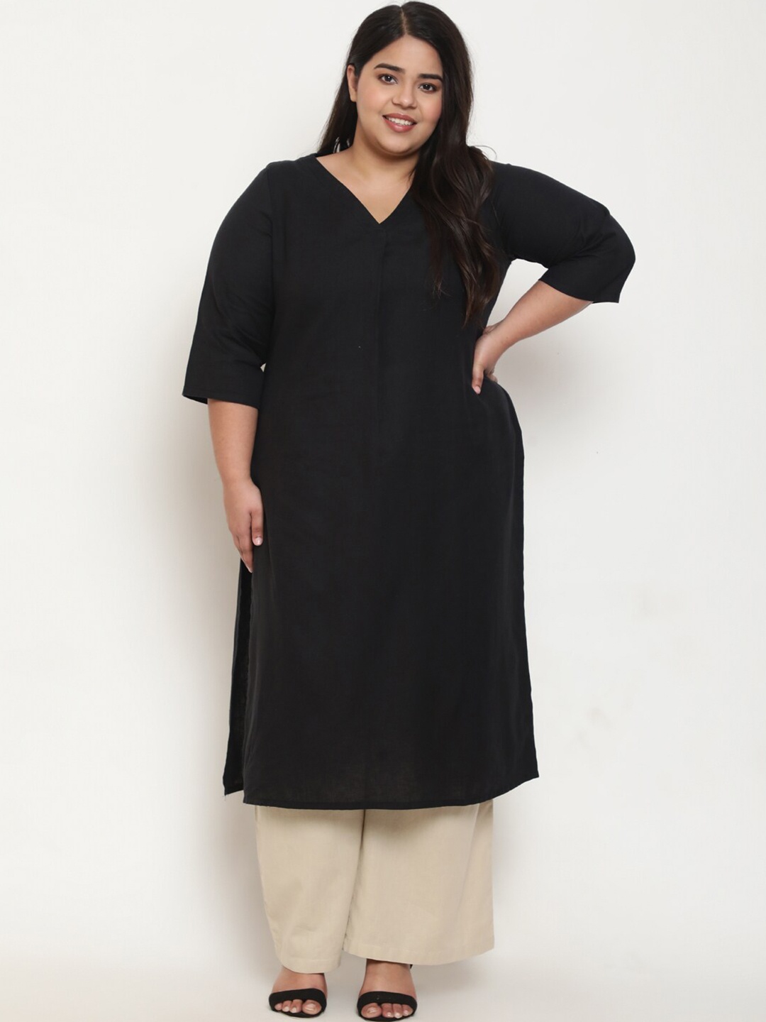 Amydus Plus Size V-Neck Centre Pleat Cotton Linen Straight Kurta, Black