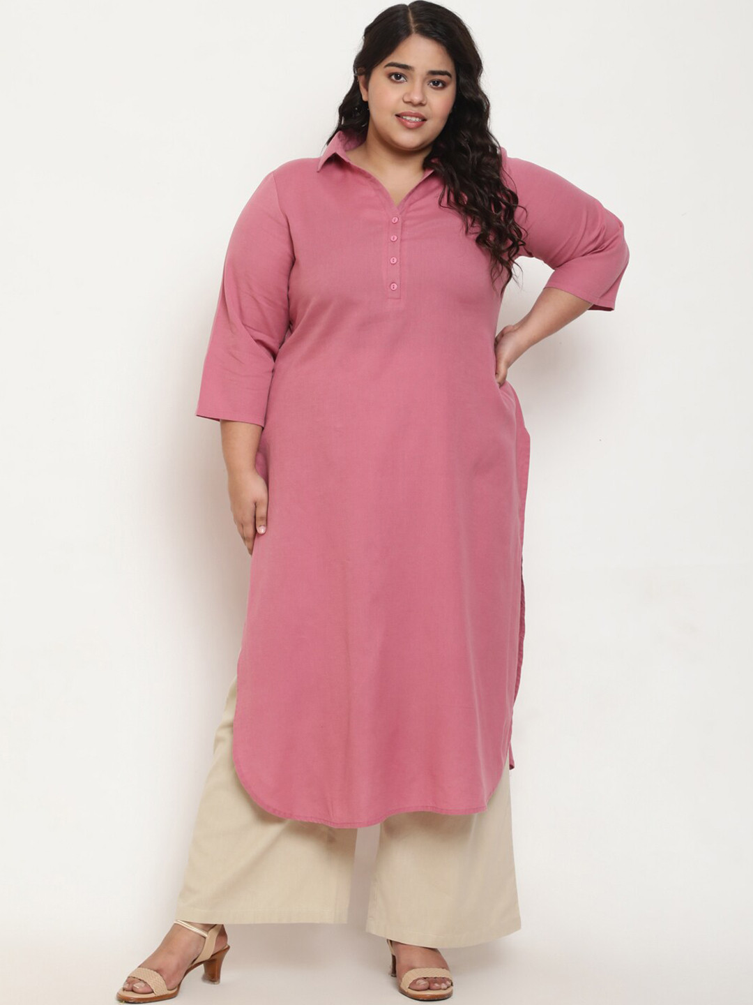 

Amydus Plus Size Curved Shirt Collar Cotton Linen Kurta, Pink