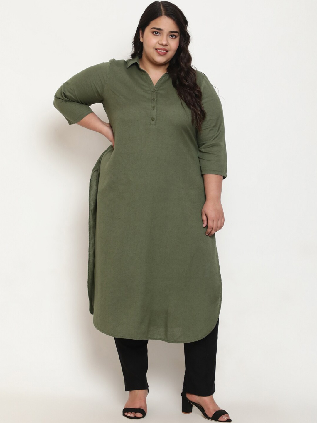 Amydus Plus Size Shirt Collar Cotton Linen Straight Kurta, Olive