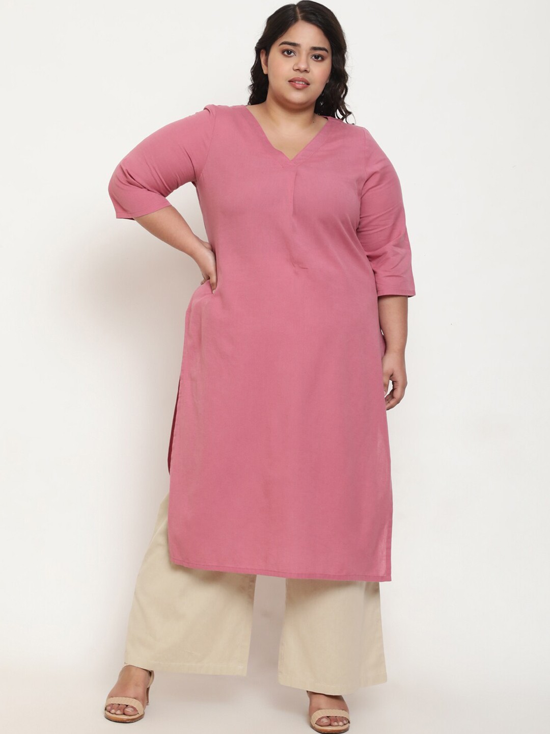

Amydus Plus Size Centre Pleat V-Neck Cotton Linen Kurta, Pink