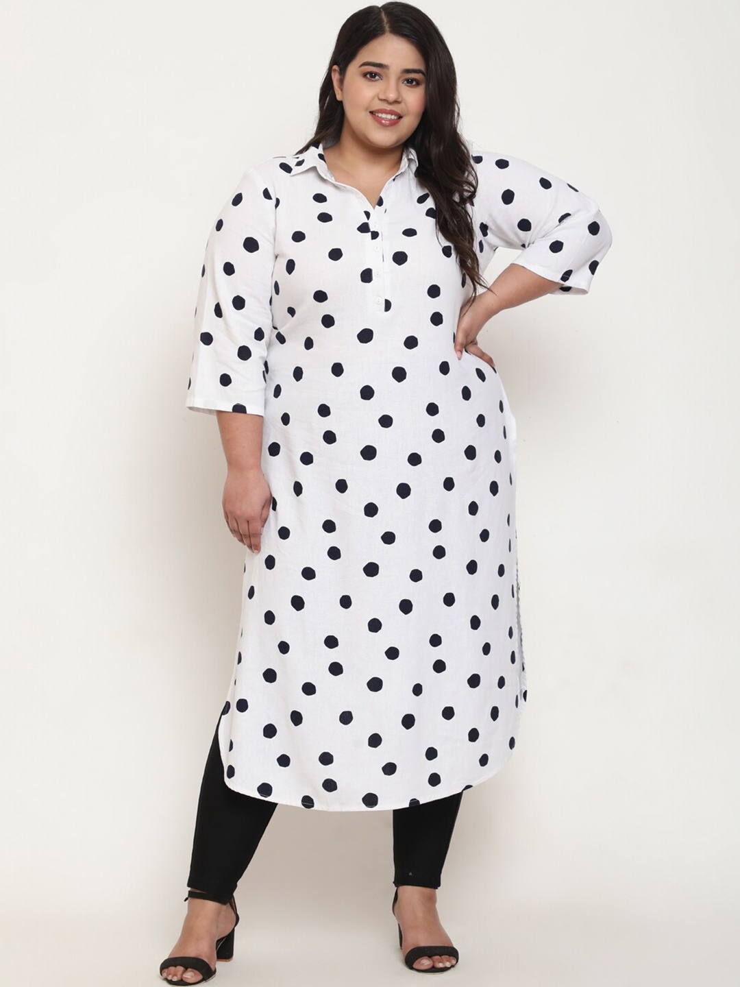 

Amydus Plus Size Shirt Collar Polka Dot Printed Cotton Linen Kurta, White