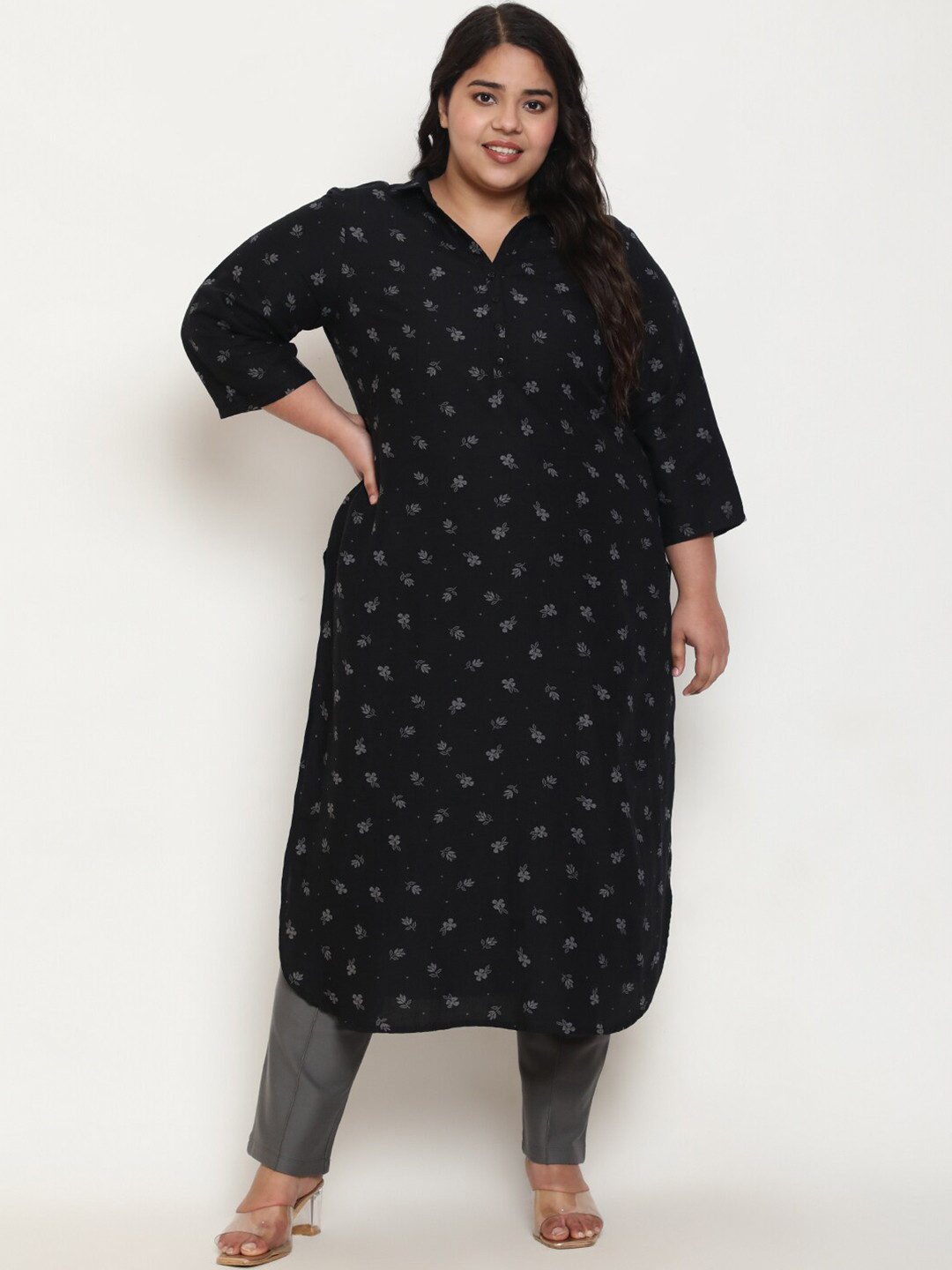 

Amydus Shirt Collar Floral Printed Cotton Linen Kurta, Black