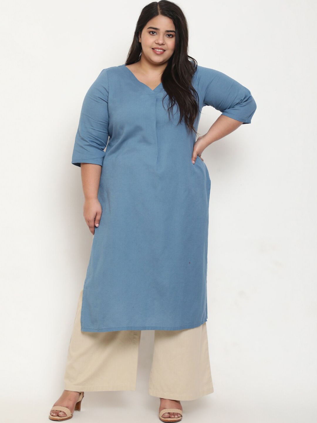 

Amydus Plus Size V-Neck Centre Pleat Kurta, Blue