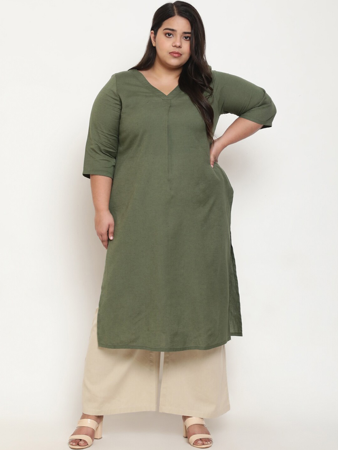 

Amydus Plus Size Centre Pleat V-Neck Cotton Linen Kurta, Olive