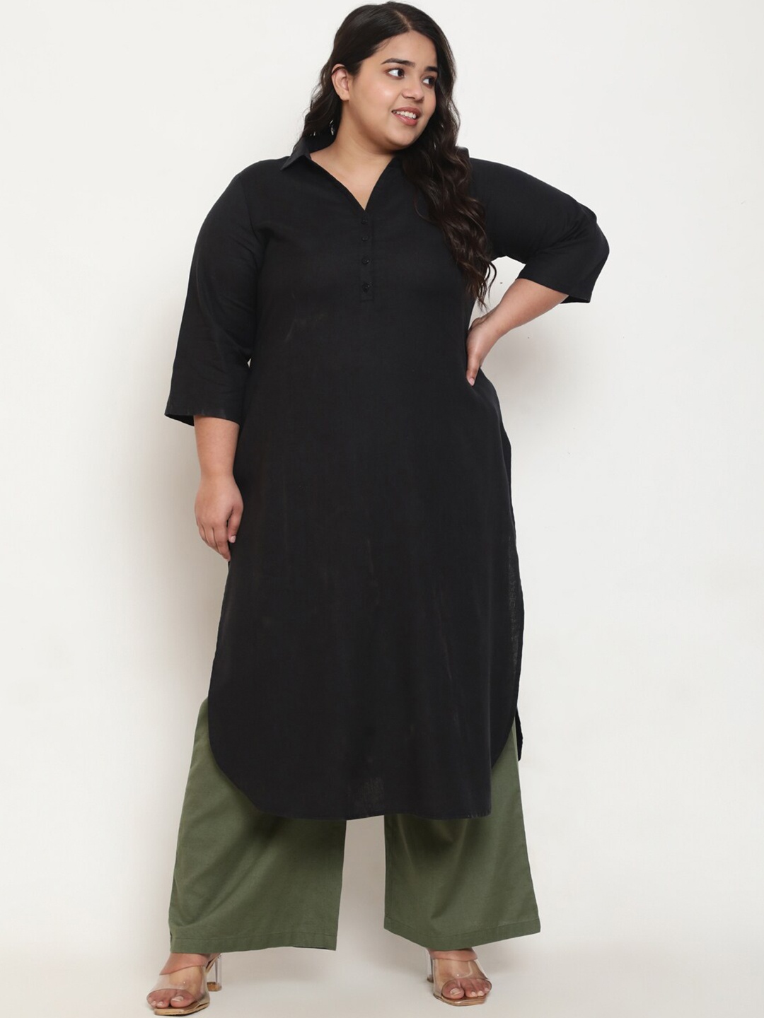 

Amydus Plus Size Shirt Collar Cotton Linen Straight Kurta, Black