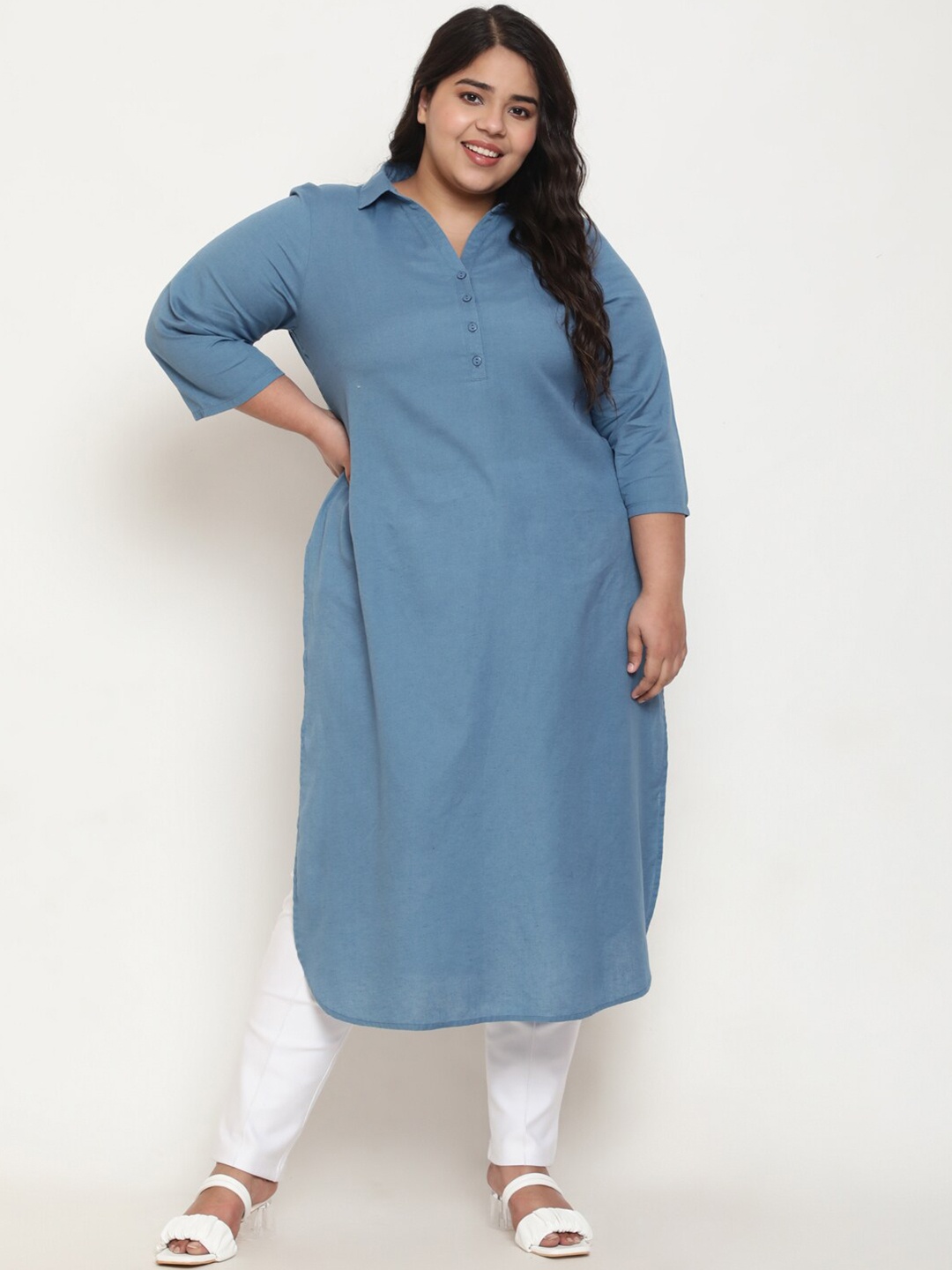 

Amydus Plus Size Curved Shirt Collar Cotton Linen Kurta, Blue