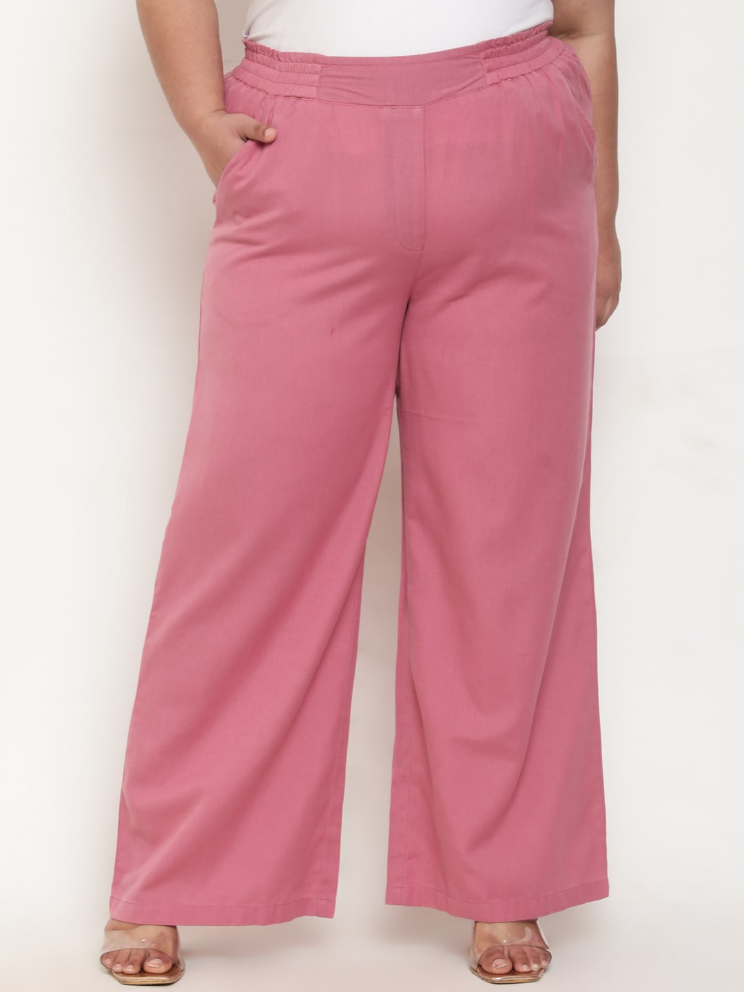 

Amydus Women Plus Size Straight Fit High-Rise Cotton Linen Parallel Trousers, Pink