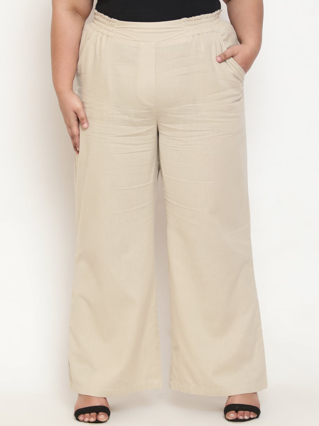 

Amydus Women Plus Size Straight Fit High-Rise Cotton Linen Parallel Trousers, Cream