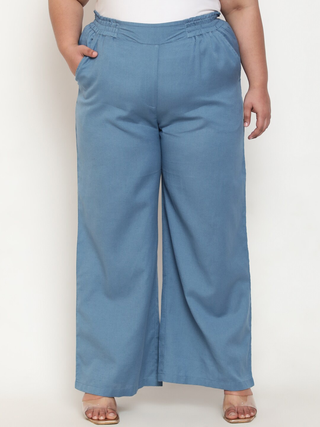 

Amydus Plus Size Women Cotton Linen Straight Fit High-Rise Parallel Trousers, Blue