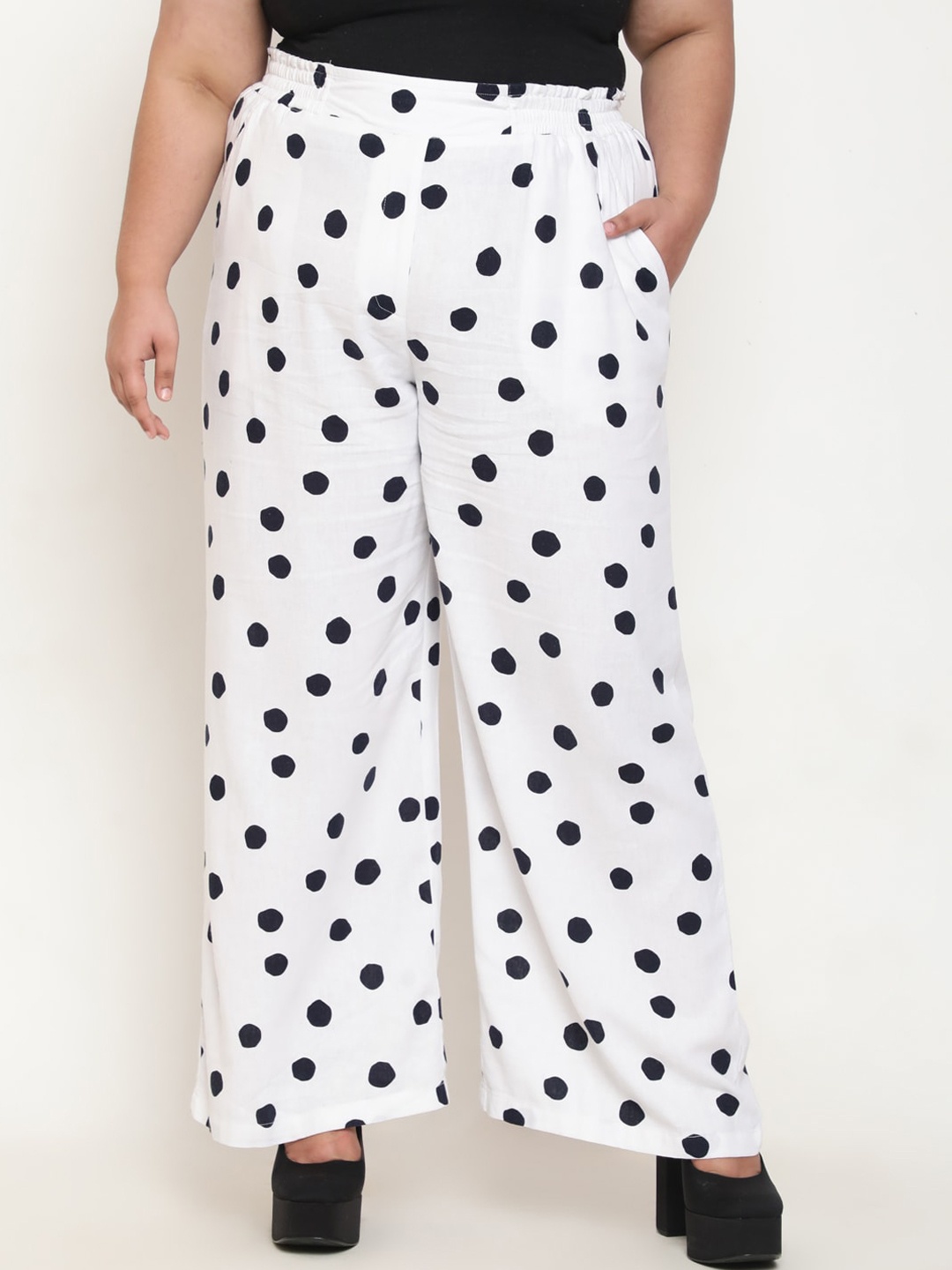 

Amydus Women Plus Size Polka Dot Printed Straight Fit Cotton Linen Parallel Trousers, White