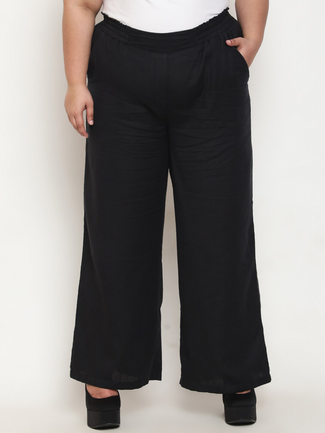 

Amydus Plus Size Women Cotton Linen Straight Fit High-Rise Parallel Trousers, Black