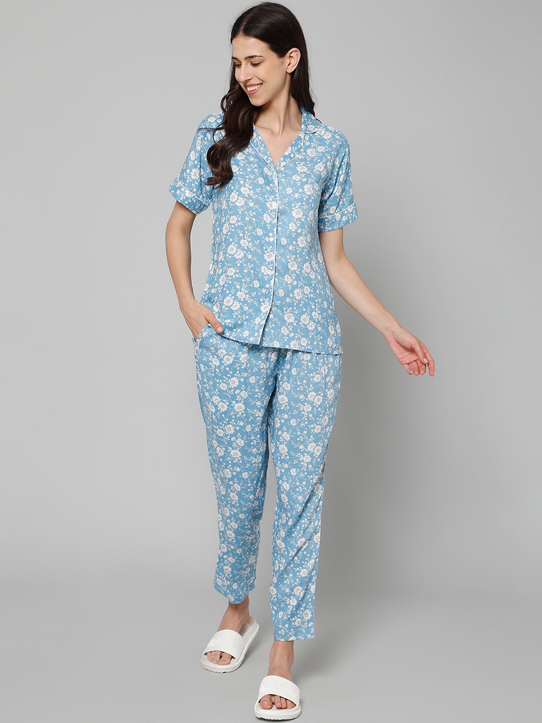 

Fbella Floral Printed Night Suit, Blue