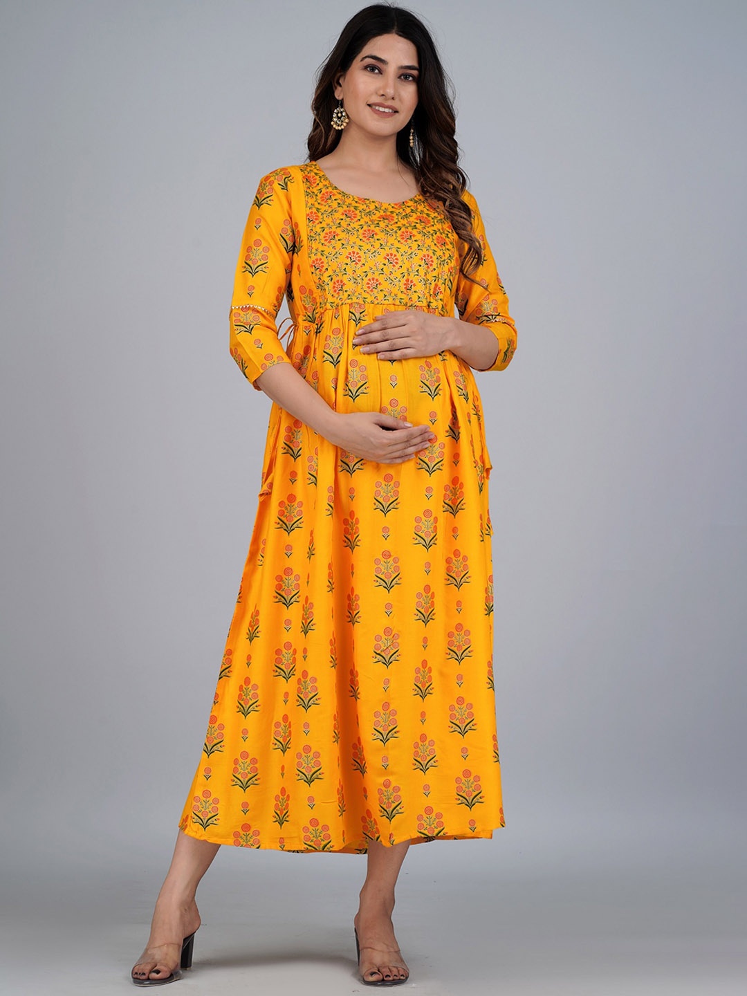KASHEEDA Floral Printed Maternity A-Line Dress, Yellow