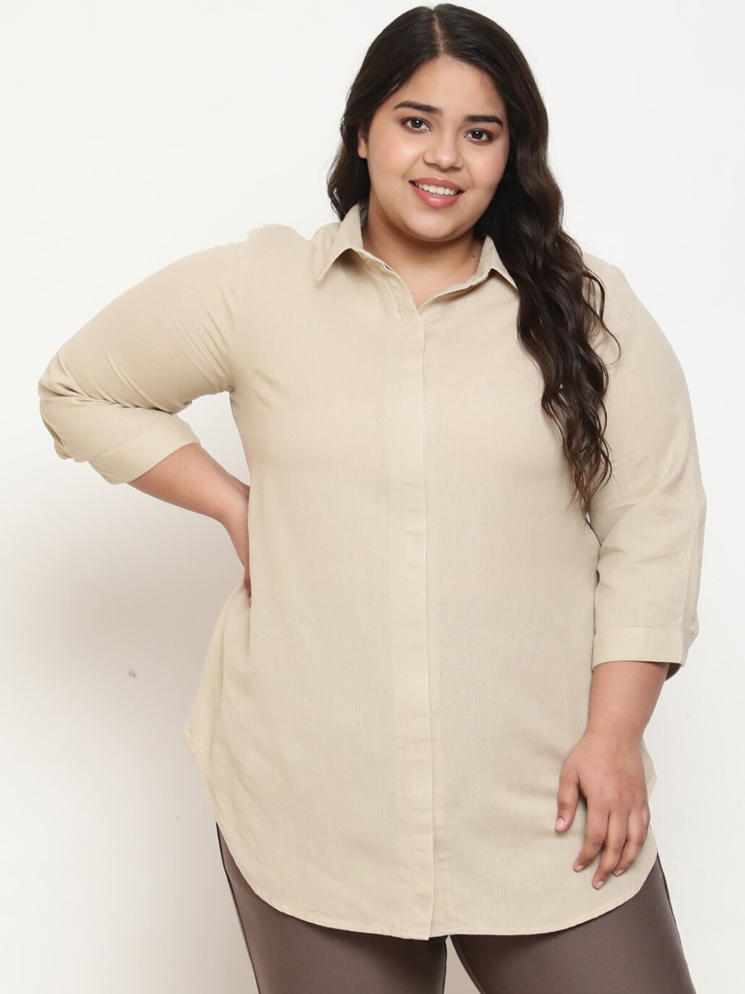 

Amydus Plus Size Cotton Linen Regular Fit Casual Shirt, Cream