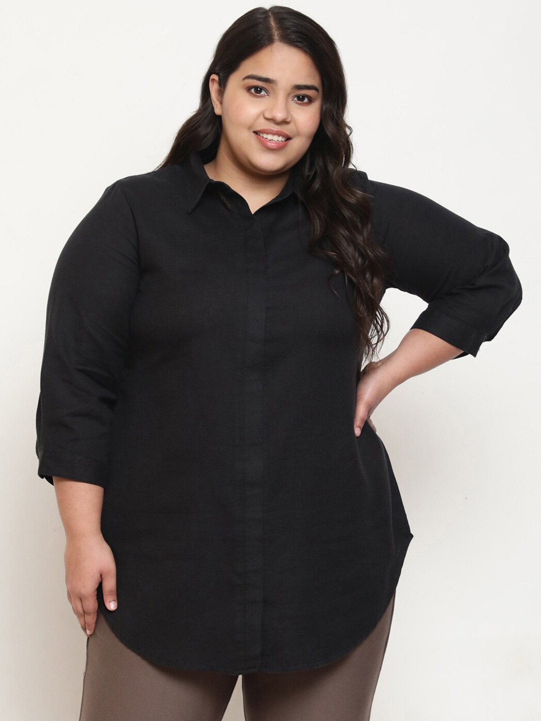 

Amydus Plus Size Cotton Linen Casual Shirt, Black