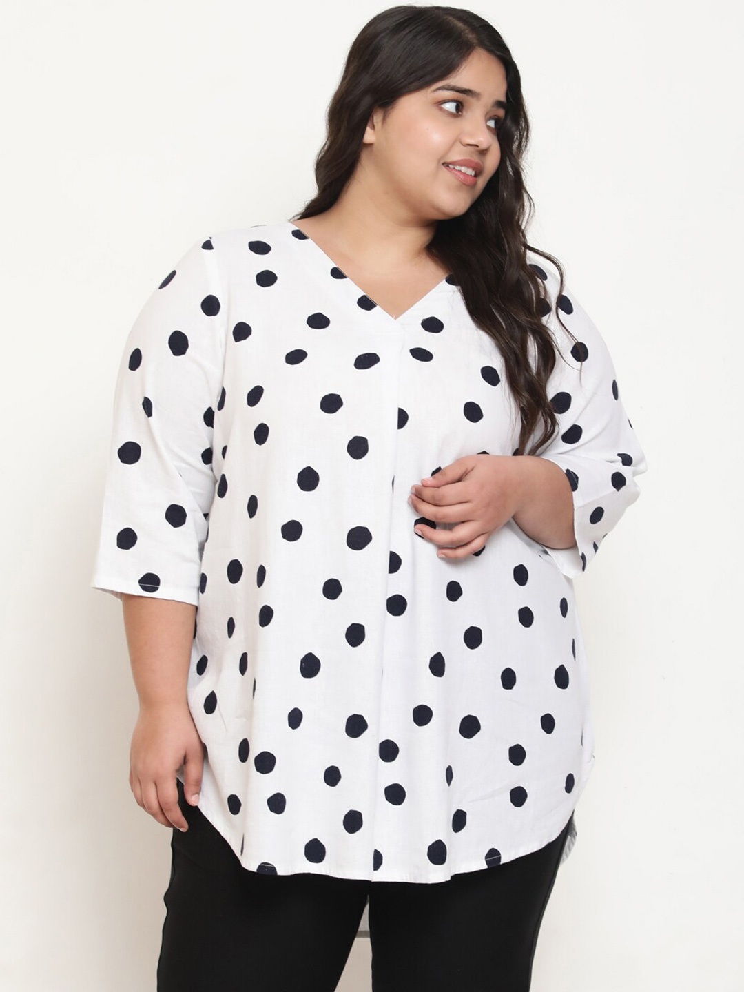 

Amydus Plus Size V-Neck Polka Dot Print Cotton Linen Top, White
