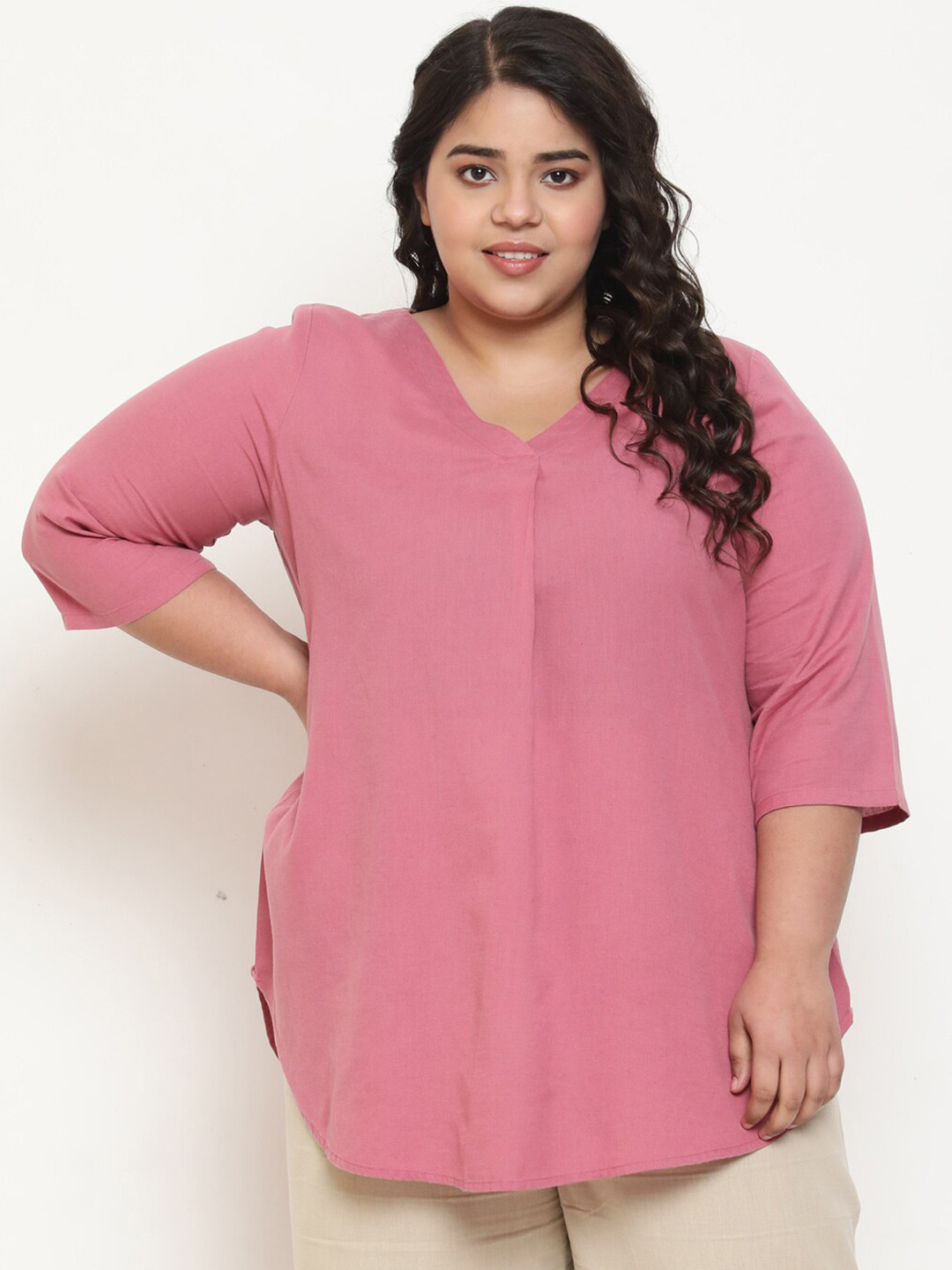 

Amydus Women Plus Size Cotton Linen High-Low Top, Pink