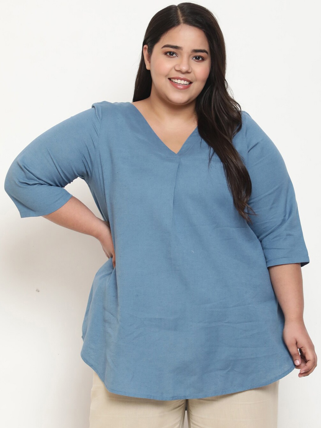 

Amydus Plus Size Cotton Linen Top, Blue