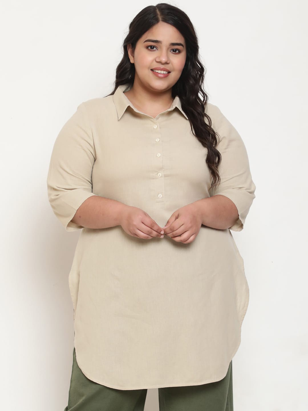 

Amydus Shirt Style Cotton Linen Longline Top, Cream