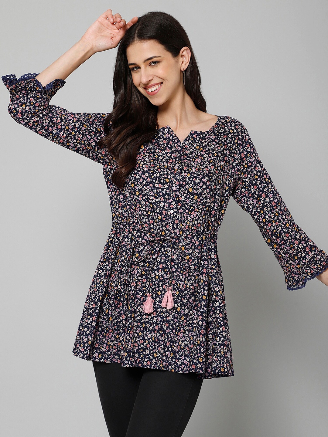 

Fbella Floral Print Cotton Tunic, Navy blue